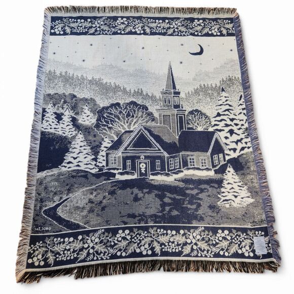 Tapestry Throw Blanket – Mohawk Home, Blue & White, 58x47 Winter Christmas Night - Picture 2 of 6